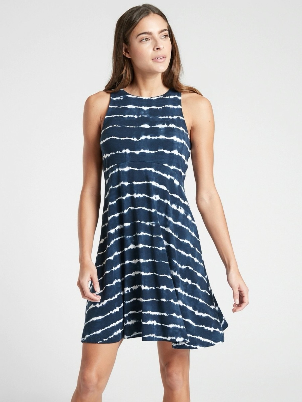 Athleta Navy and White Tie-Dye Sleeveless Swing Dress